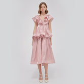 Ruffled V-Neck Midi Dress in Chiffon Organza with Flared Peplum and Layered Skirt